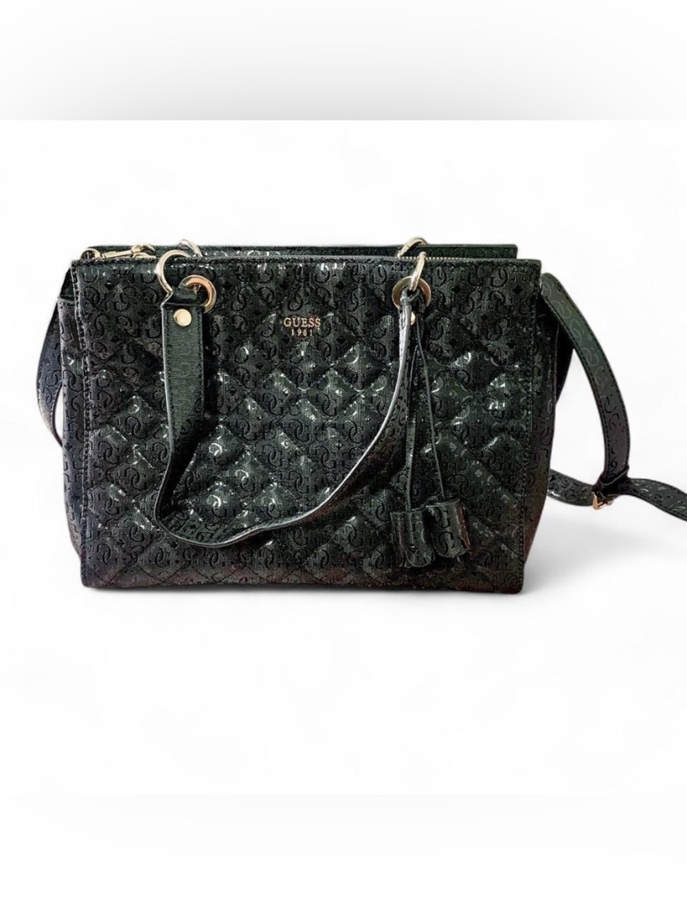 GUESS Black Quilted Patent Logo Tote with Gold Hardware